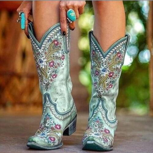 Cossacks Womens Shoes Embroidery Mid-Calf Boots Green Woman Thigh High Shoes Female Pointed Toe Mid Heels Women Footwear 2020