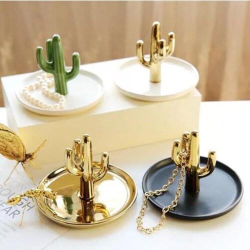 Nordic Golden Cactus Ceramic Jewelry Plate Ring Necklace Trinket Tray Storage Box Porcelain Ornament Jewelry Display Stand 05513