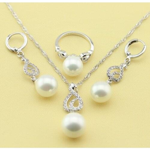 XUTAAYI Imitation pearl Jewelry Set, White Crystal Sterling Silver Overlay Jewelry, Necklace Drop Earrings And Rings For Woman
