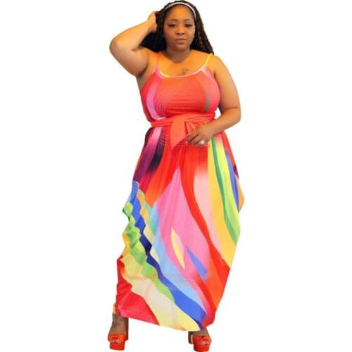 Summer Sleeveless Multi Color Print Irregular 3XL 4XL 5XL Plus Size Dress Women Long Spaghetti Strap Dress For Party Night Club