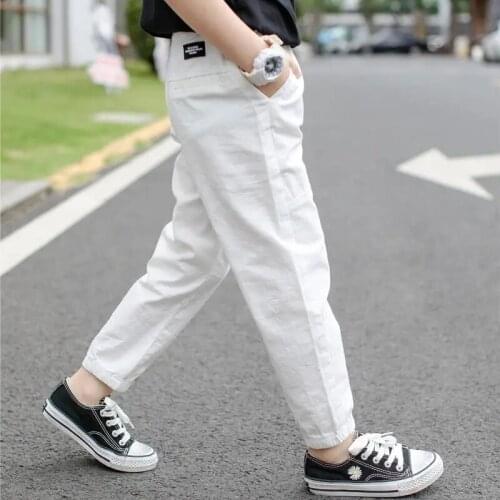 Boys Summer Trousers Thin 100% Cotton Casual Mosquito Pants Teenagers Clothes Solid Elastic Waist 2021 New High Quality