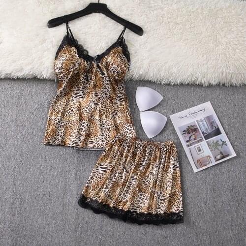 Summer Sexy Pajamas Women Camisole Shorts Lace Sleepwear XXL Large Size Home Wear Leopard Female Silk Like Soft Satin Homesuit