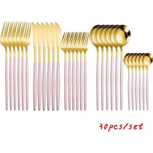 Pink Gold Cutlery Set 30Pcs/Set Dinnerware Knife Fork Spoon Western Cutlery Set Stainless Steel Kitchen Cutlery Tableware Set