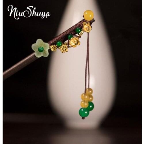 NiuShuya New Vintage Chinese Wood Hair Stick Hair Accessories Handmade Flower Green Bead Headpiece Hairpins Hair Ornaments Hair