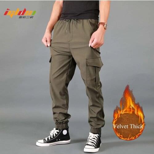 New Mens Winter Cargo Pants Thick Fleece Joggers Multi Pocket Loose Sport Long Trousers Male Casual Warm Sweatpants Pants