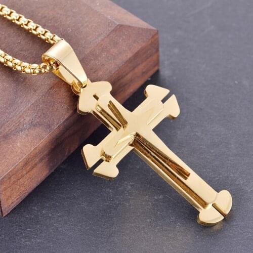New Multi-layer Gold Jesus Cross Necklace Pendant For Men Male Stainless Steel Jewelry