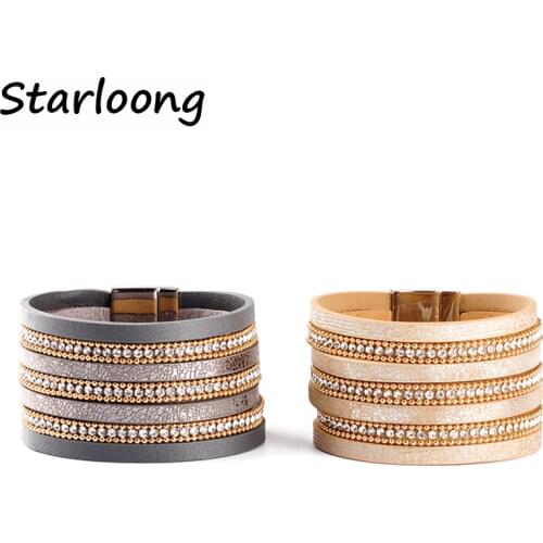 New fashion multi-layer PU leather bracelet rhinestone beads claw chain magnetic clasp women wrap Masculina bijoux Bracelet