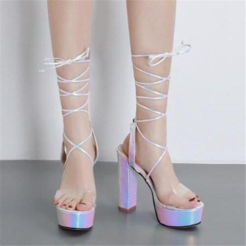 Women Sandals 13.5CM Thick High Heels Summer Brand Party PVC Lace Up Open Toed Front & Rear Strap fashion Dress shoes for women