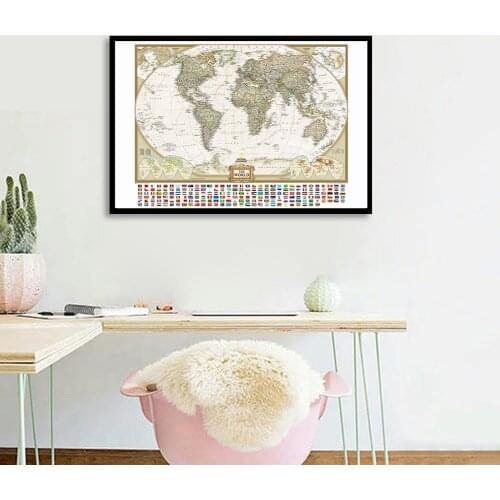 Vintage Map of The World with National Flags 84*59cm Wall Art Poster Spray Canvas Painting Classroom Home Decor School Supplies