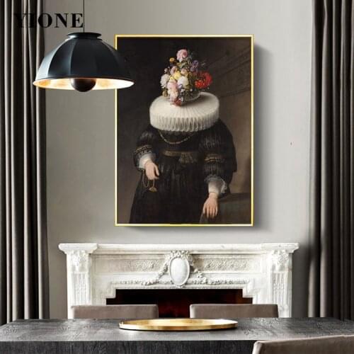 Vintage Medieval Fat Lady Flower Head Oil Painting Antique Woman Portrait Art Prints Wall Poster Canvas Picture for Living Room