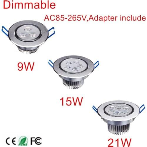 9w 15w 21w Dimmable LED Ceiling Light Recessed Kitchen Bathroom Lamp AC85-265V LED Down light Warm White/Cool White