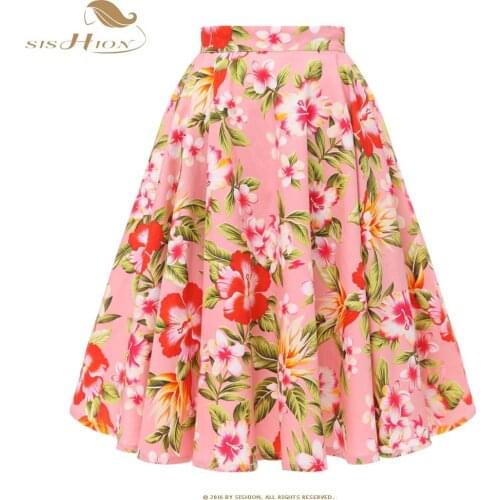 SISHION Summer Swing Floral Print Women Skirt SP0677 100% Cotton Vintage Swing Inspired Pink skirts womens 2021
