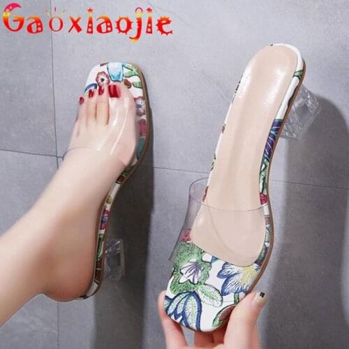Gaoxiaojie 2021 Fashion Summer Sandals Comfortable 6.5CM PVC Crystal High Heel Shoes Women Sexy Transparent Thick Heel Slipper
