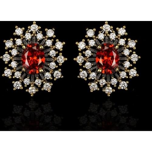 925 Silver Womens Earrings Fashion AAAA Shiny Red Zircon Womens Earrings Exaggerated Party Jewelry Flower Earrings