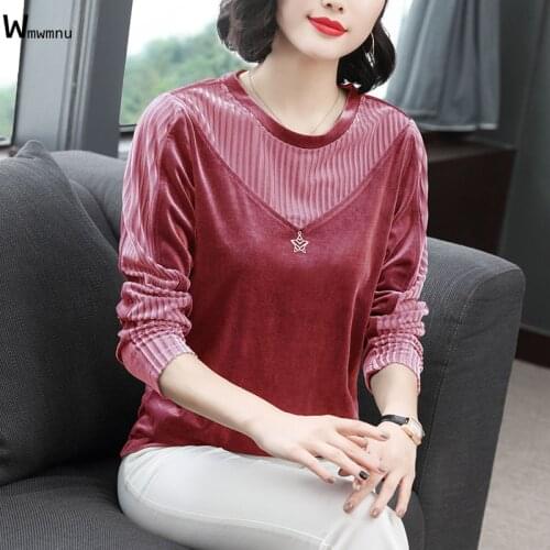 Women Plus Size 4XL Casual O-Neck Pullover Spring Autumn Elegant Loose T-Shirt Female Fashion Patchwork Pleuche Long Sleeve Tops