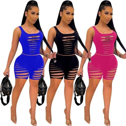Sexy Ribbed Shorts Sets Women Hollow out Hole Tracksuit Tank Crop Top and Biker Shorts Summer Two Piece Club Outfits for 2021