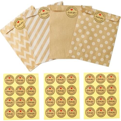 24pcs Kraft Paper Bags DIY Chevron Striped Dots Cookie Candy Packaging Pack Stickers Baking Packing Supplies Gift Bags
