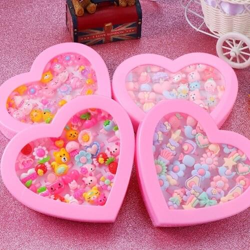 30pcs Love Gift Box Cute Childrens Day Jewelry Plastic Ring Suitable For Girls With Mixed Resin Cabochon Mixed Colors
