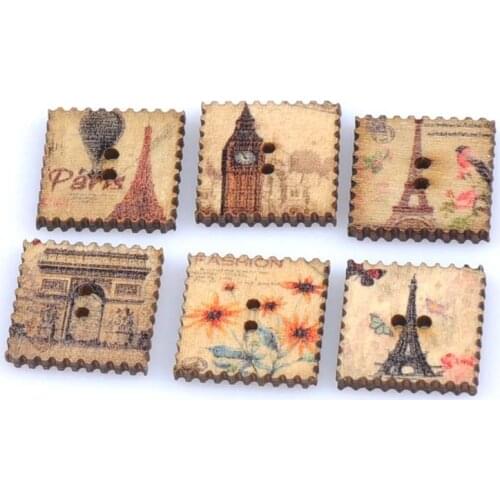50pcs Wooden Sewing Buttons Eiffel Tower Postage Stamp Pattern Handmade Scrapbooking Craft Cloth Accessories 20mm MT1548