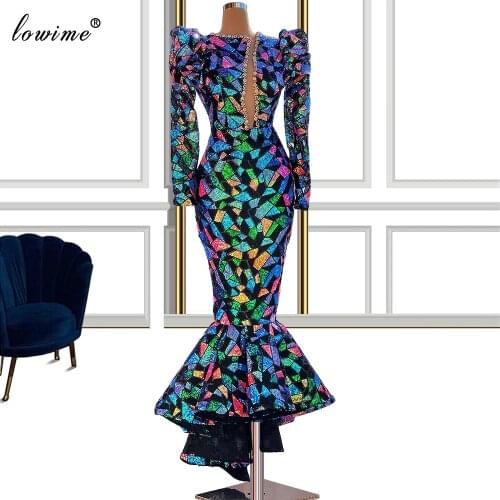 Plus Size Arabic Sequins Prom Dresses Mermaid Long Sleeves Cocktail Party Dresses For Women Muslim Pageant Dresses Vestidos