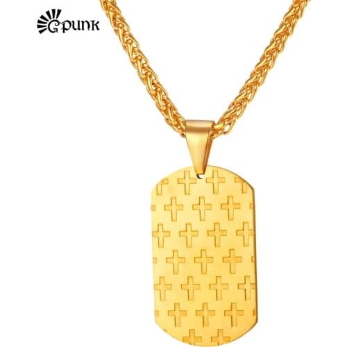 Dog Tag Crufix Pendant Necklace Unique Design yellow Gold color 316L Stainless Steel Trendy Necklace P1904G