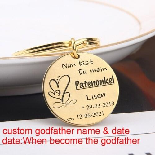 Custom Godfather Name And Time Stainless Steel Personalized Fashion Engraving Round Keychain:Nun Bist Du Mein Patenonkel