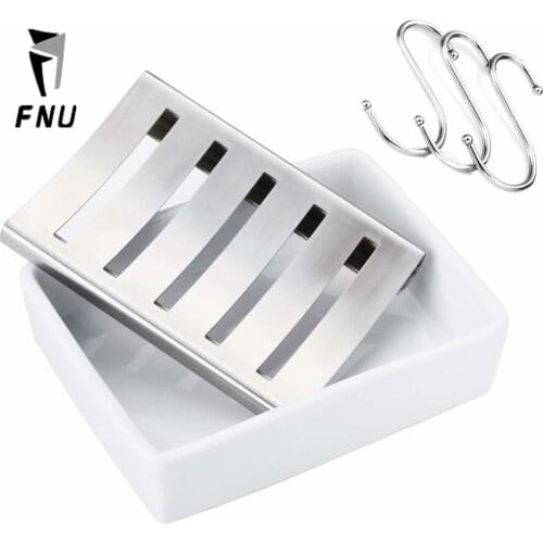 Ceramic White Soapes Dish Stainless Steel Shower Soap Holder Double Layer Soap Tray with Drain + 3PCS Towel Hooks