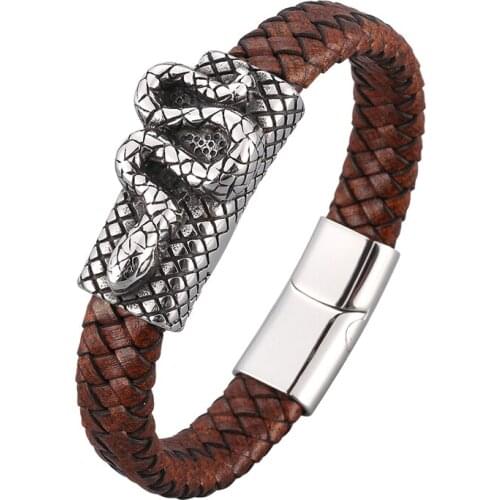 New Trendy Men Leather Braided Bracelet Snake Design Stainless Steel Magnetic Buckle Fashion Jewelry Punk Male Wristband PD1030
