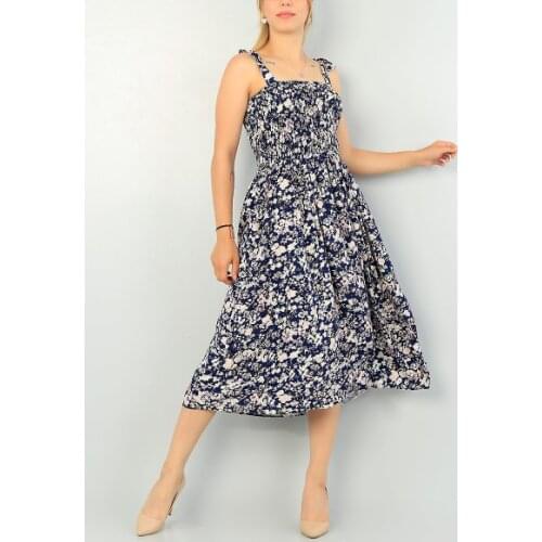 NEW SEASON FASHION SUMMER WOMEN DARK BLUE GİPELİ PİLELİ WOVEN DRESS 70384