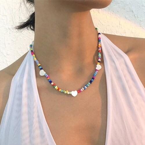 DIEZI Ethnic Multicolor Acrylic Beads Choker Necklace Bohemian Fashion Heart Pendant Chain Necklaces Sweet Girls Women Jewelry