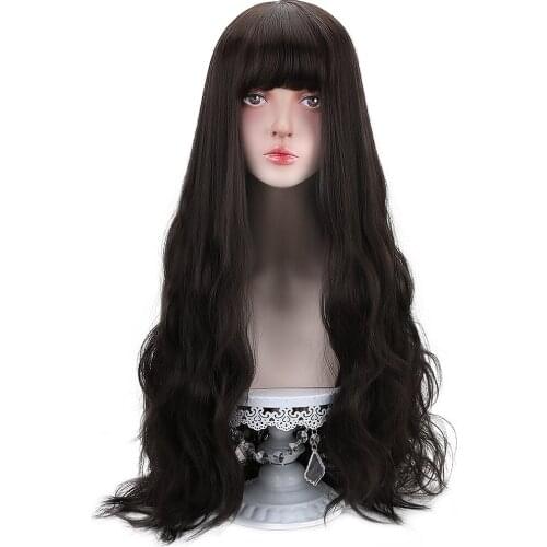 Free Beauty Long Wavy Synthetic Black Hair Wigs with Bangs for Women Lolita Cosplay Costume Party Halloween