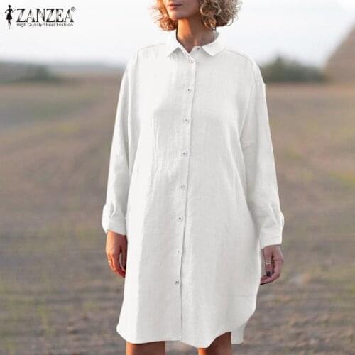 ZANZEA Kaftan Lapel Shirt Dress Women Solid Sundress 2021 Long Sleeve Knee Length Vestido Female Casual Button Robe Plus Size 7