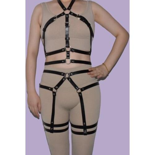 Sexy Leather Harness Underwear 2 Piece Set Garter Belts Women Bra Garter Straps Body Belts Waist To Leg Body Bondage Cage Fetish