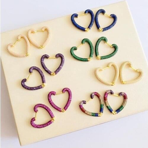 Rose gold rainbow cz heart hoop earring micro pave colorful cz 2020 new fashion women jewelry
