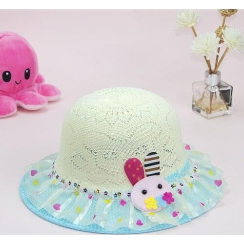 Girl Imitation Raffia Cartoon Rabbit Lace Breathable Cap Childrens Summer Wide Brim Sunscreen Foldable Straw Knit Sun Hat R63