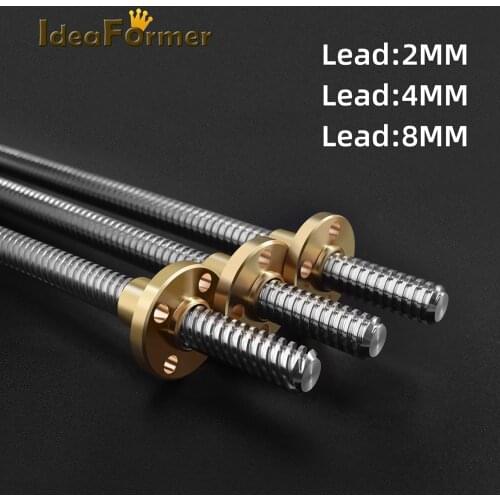 3D Printer Parts T8 Lead Screw 2mm/4mm/8mm pitch 2mm length 200-600mm trapezoidal spindle screw with brass Copper nut