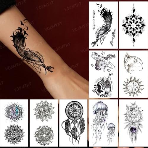 Waterproof Temporary Tattoo Sticker Feather Black Bird Flash Tatoo Henna Mandala Arm Wrist Fake Tatto For Body Art Women Men
