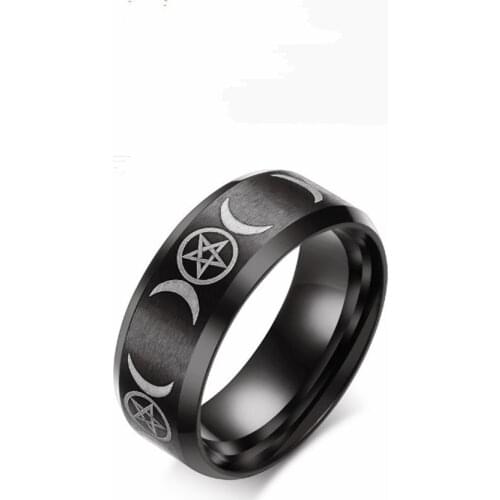 Stainless Steel Crescent Moon and Pentagram Jewelry Triple Moon Goddess Wicca Witchcraft Titanium Gold black Rings Of Women Gif