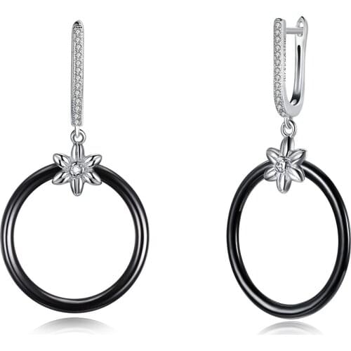 ZEMIOR Sterling Silver 925 Jewelry Circle Ceramics Earrings Dangle For Women Bright 5A Cubic Zirconia Flower Pendant Earring