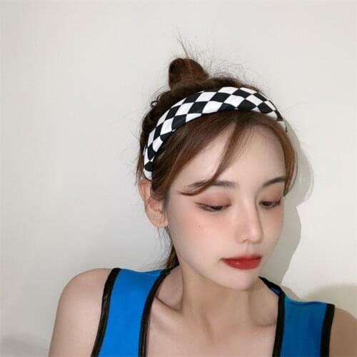 2021 Summer New Multicolor Checkerboard Plaid Broad-brimmed Headband Large Intestine Hairband Scrunch Hair Accessories For Women