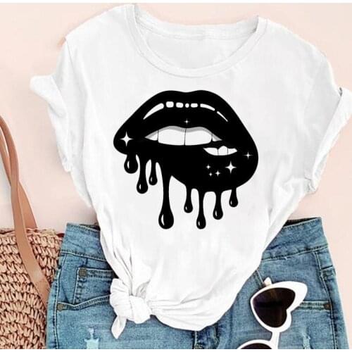 Women Lip Watercolor Funny Camisetas Mujer Fashion Print Graphic Summer Short Sleeve Female Clothes Tops Tees Tshirt T-Shirt