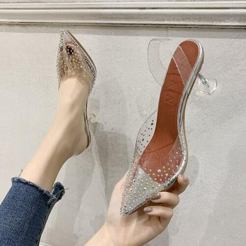 Spring/Summer New fashion Thin Heels Women Sandals PVC Clear High Heels Fashion Rhinestone Pointed elegant Women pumps
