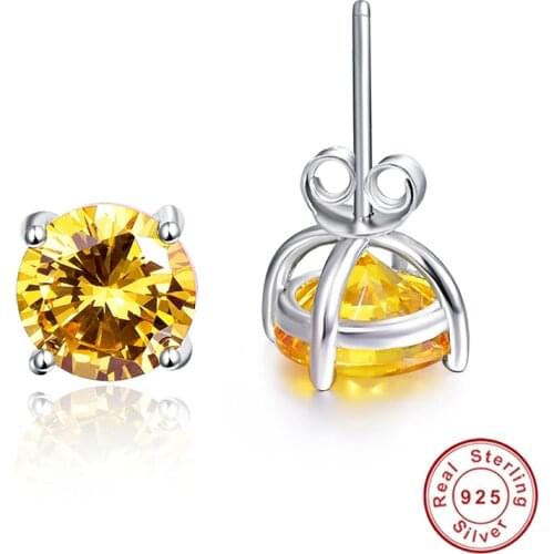 Women Natural Stone Earrings 100% 925 Sterling Silver Stud Earrings Classic Style Round Amethyst Citrine Topaz Fine Jewelry