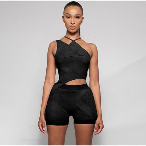 Sibybo Sexy Irregular Two Piece Set Women Shorts Outfits Summer Halter Backless Crop Top And High Waist Shorts Suits Streetwear