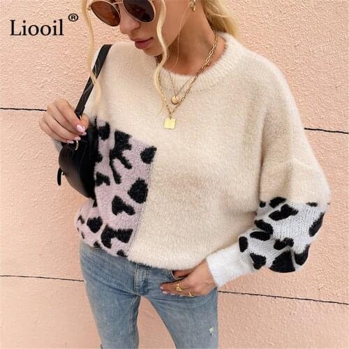 Liooil Patchwork Leopard Print Sweaters Jumpers Loose O Neck Long Sleeve Pullover for Women Casual Autumn Winter Knitted Sweater