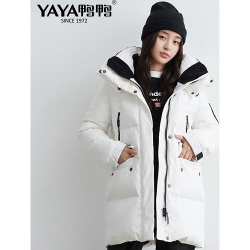 YAYA 2021 Womens Winter White Duck Down Jacket Thick Loose Medium length Warm Down Overcoat Hood Windbreak Padded Outerwear