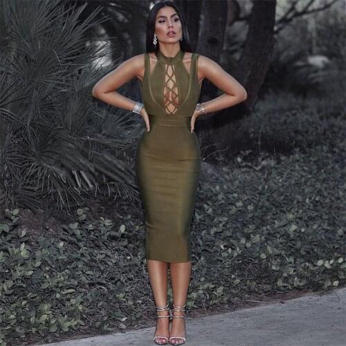 Women Bandage Dress Sexy Halter V Neck Hollow Midi Bodycon Elegant Slim Sleeveless Club Celebrity Runway Party Dresses