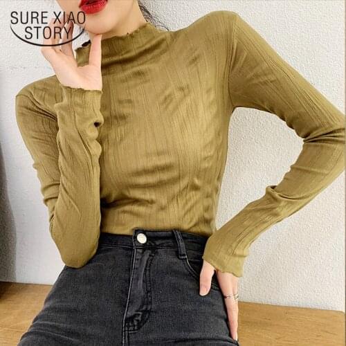 2021 Spring New Half High Collar Pleated Bottomed Shirt Women Fashion Long Sleeve Womens Blouse Solid Cotton Blouse Tops 12761