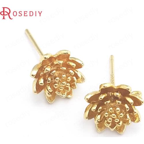 40421)6PCS Flower 9MM 24K Gold Color Brass 3D Flower Stud Earrings Pins Earrings Jewelry Making Supplies Diy Accessories