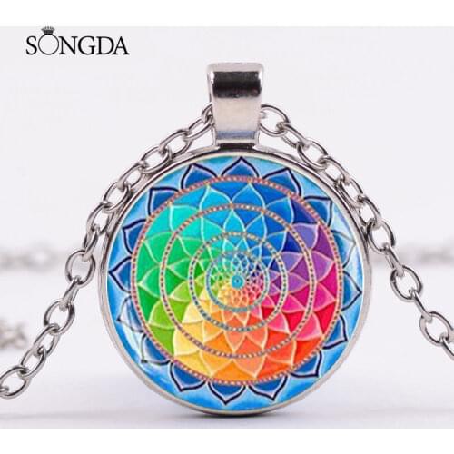 Classic Hindu Buddhism OM AUM Sign Buddha Lotus Necklace 7 Chakra Colorful Mandala Flower Of Life Pendant Necklaces Yoga Jewelry